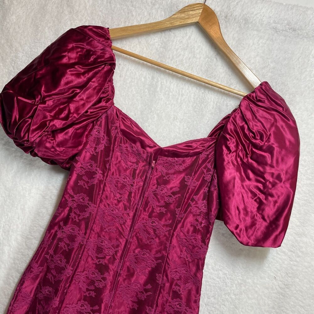 Vintage 80s Magenta Lace Satin Dress Puff Sleeve Prom Party Retro Size Small - Picture 9 of 15